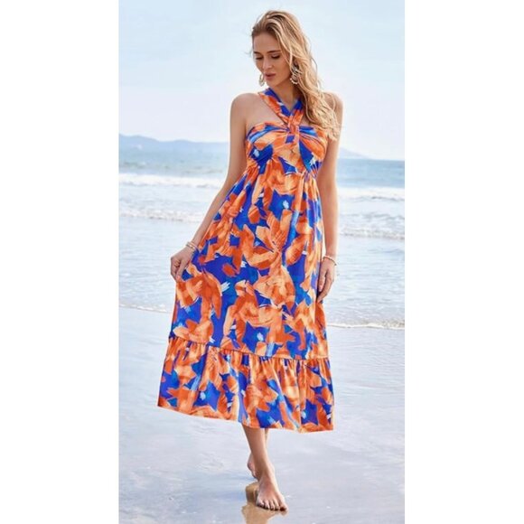 Grace Karin Womens Floral Print Halter Maxi Dress Size Small blue and orange - Picture 3 of 6